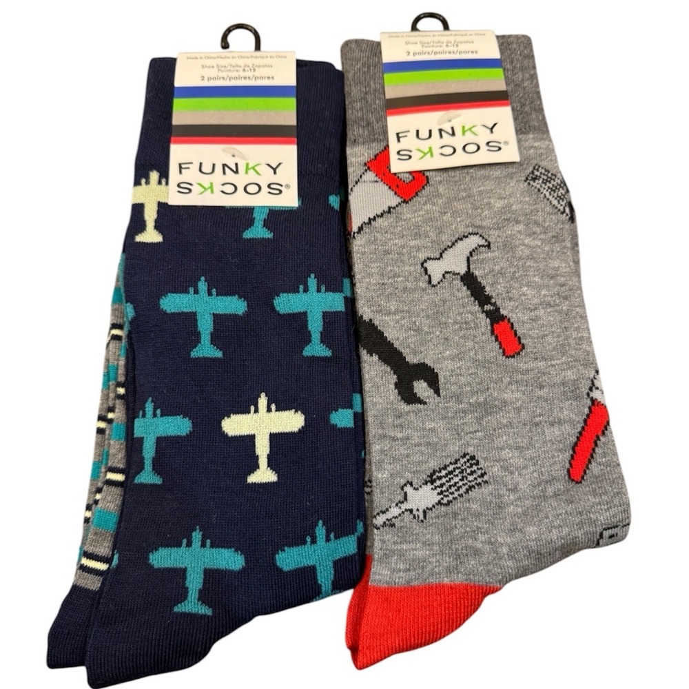 4 Pairs Funky Socks Mens Shoe Size 6-12 Airplane Tools Stripes Geometric